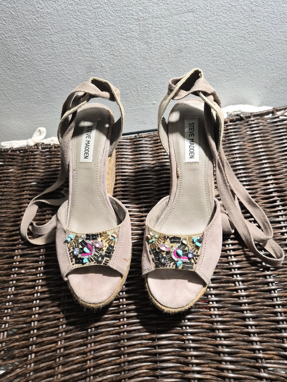 Steve Madden Blush Grey Embellished Espadrille Wedge Sandals